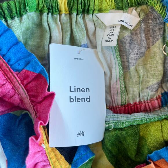 NWT H&M Viscose Linen Blend Off Shoulder Puff Midi Dress Green/Patterned S - Picture 3 of 4